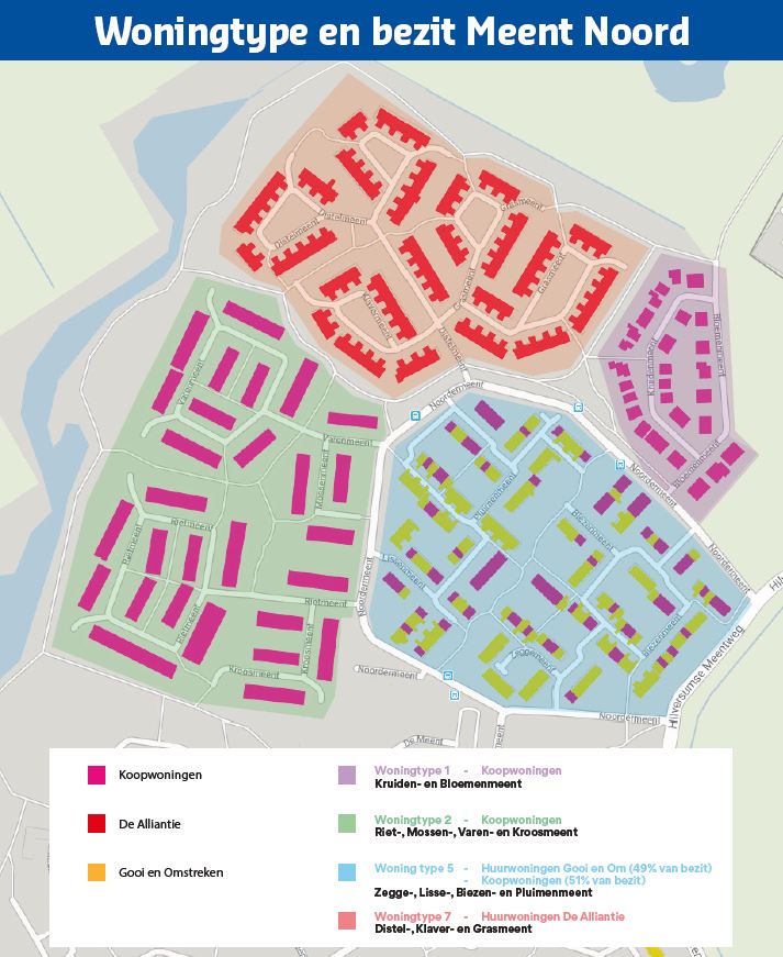 Kaartje van het projectgebied met de straatnamen en soort woningen (huur/koop)